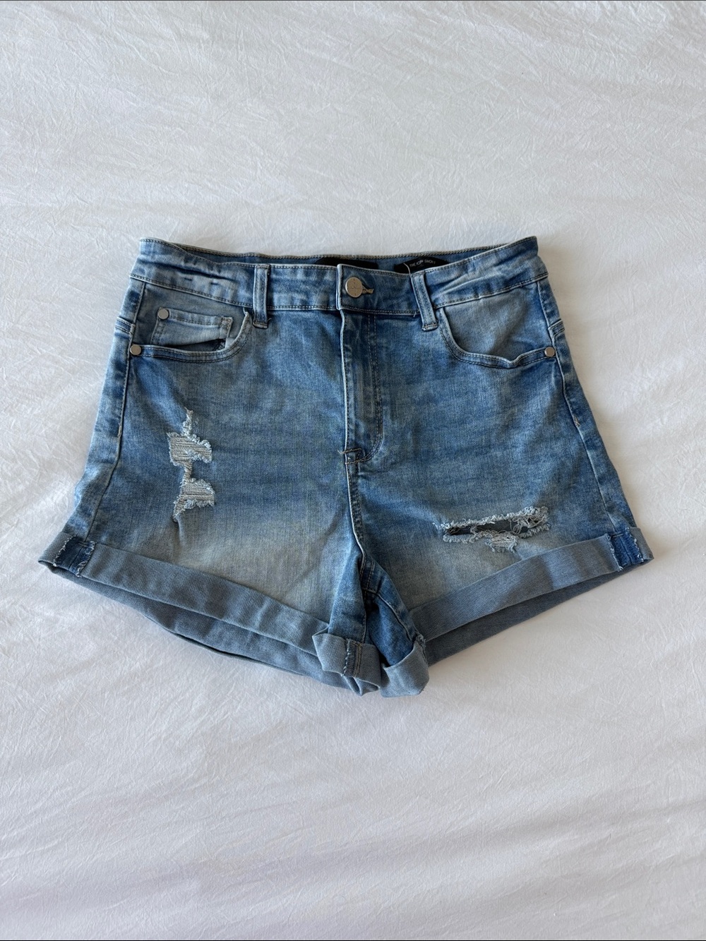 Kendall & Kylie Distressed Rolled Hem Denim Shorts - Light Blue